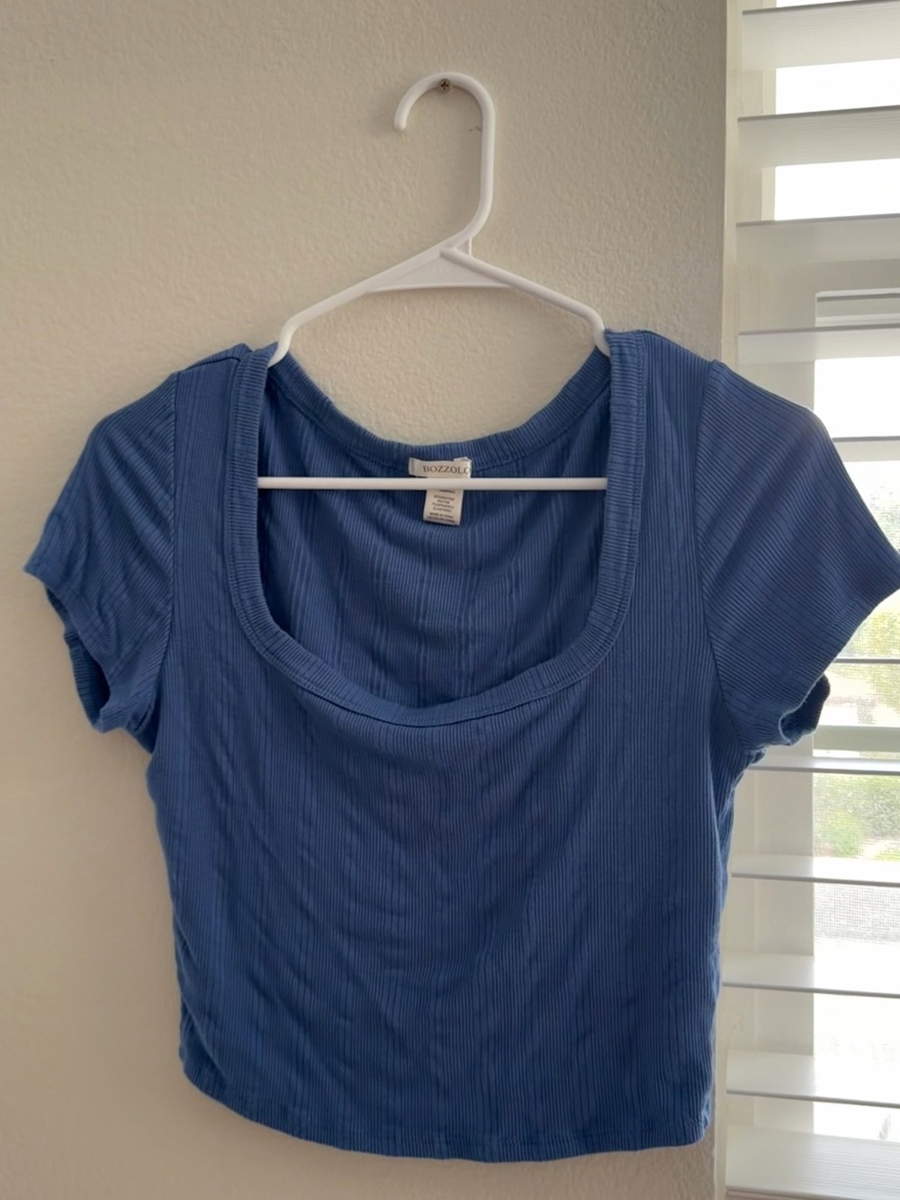 Blue Ribbed Scoop Neck Crop Top